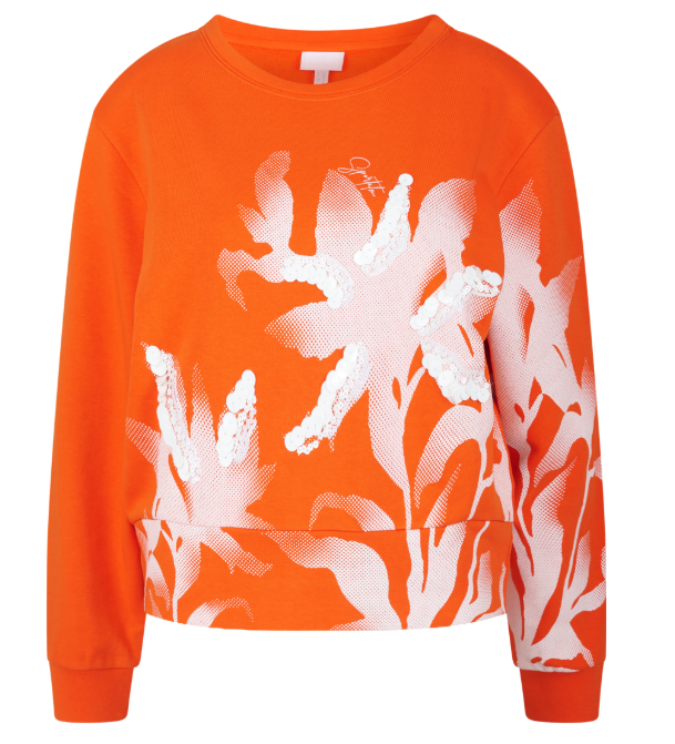 Pullover, Orange, Blumenmuster, Rundhals, Langarm